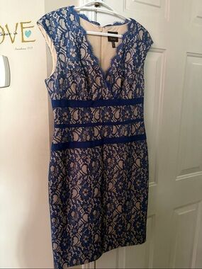 Adrianna Papell Royal Blue Lace Midi Dress with Nude Underlay